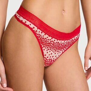 M Victoria's Secret Lipstick Flocked Hearts Mesh Thong NWT